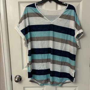 Striped V-Neck Women's Top - Blue, Gray, White